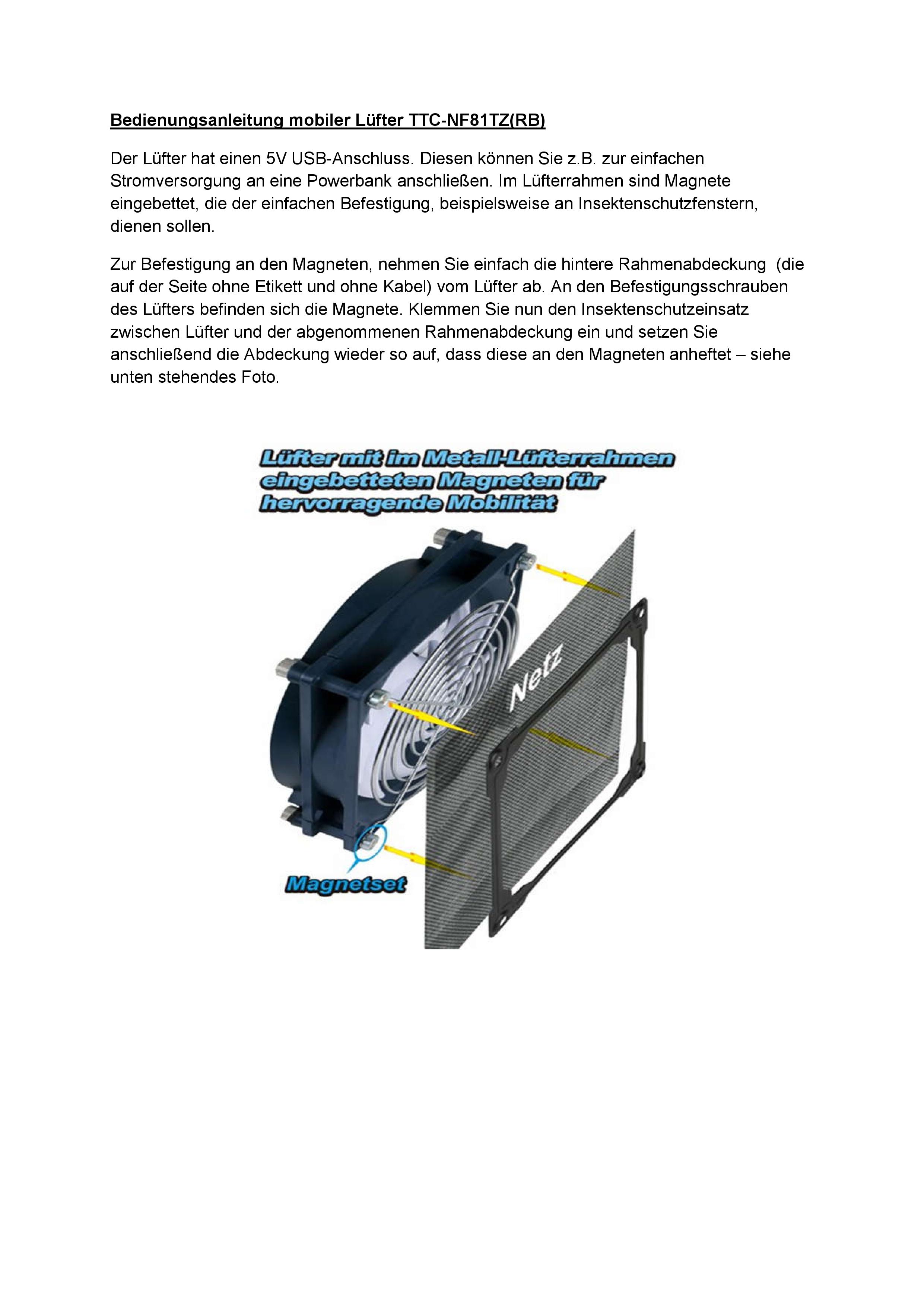Mobiler USB-Lüfter TTC-NF81TZ(RB) 92 x 25 mm